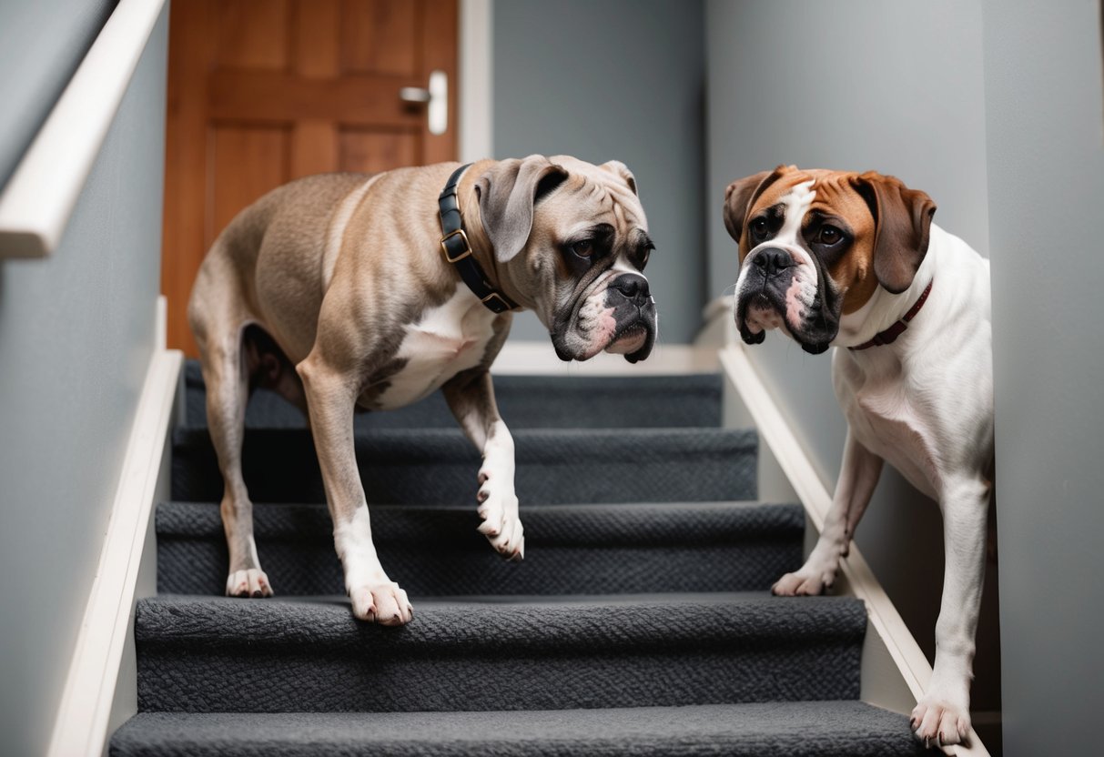 An elderly boxer dog with gray fur struggles to climb stairs, while a younger boxer looks on with concern