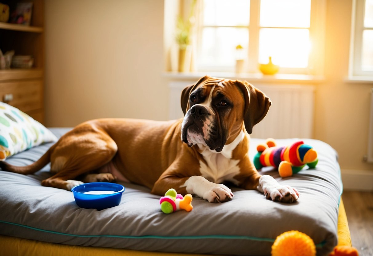 A senior boxer dog lounges on a cozy bed, surrounded by toys and a bowl of water. The room is filled with warm sunlight, and the dog looks content and relaxed
