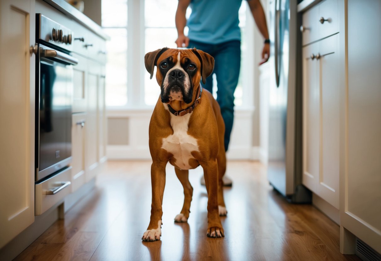 A boxer dog follows its owner through the house, wagging its tail and looking up with adoring eyes