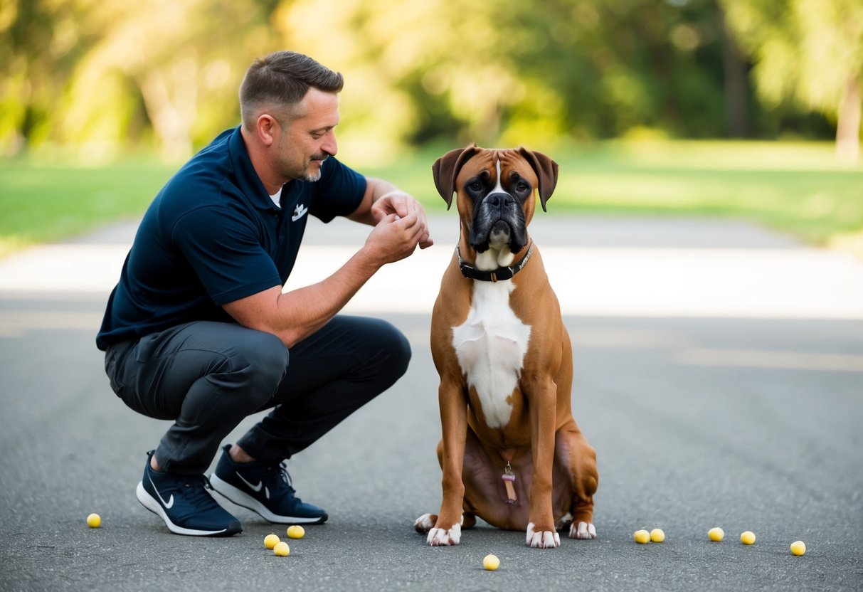 A boxer dog and its owner sit side by side, engaged in training exercises. The dog eagerly follows commands, while the owner rewards with praise and treats