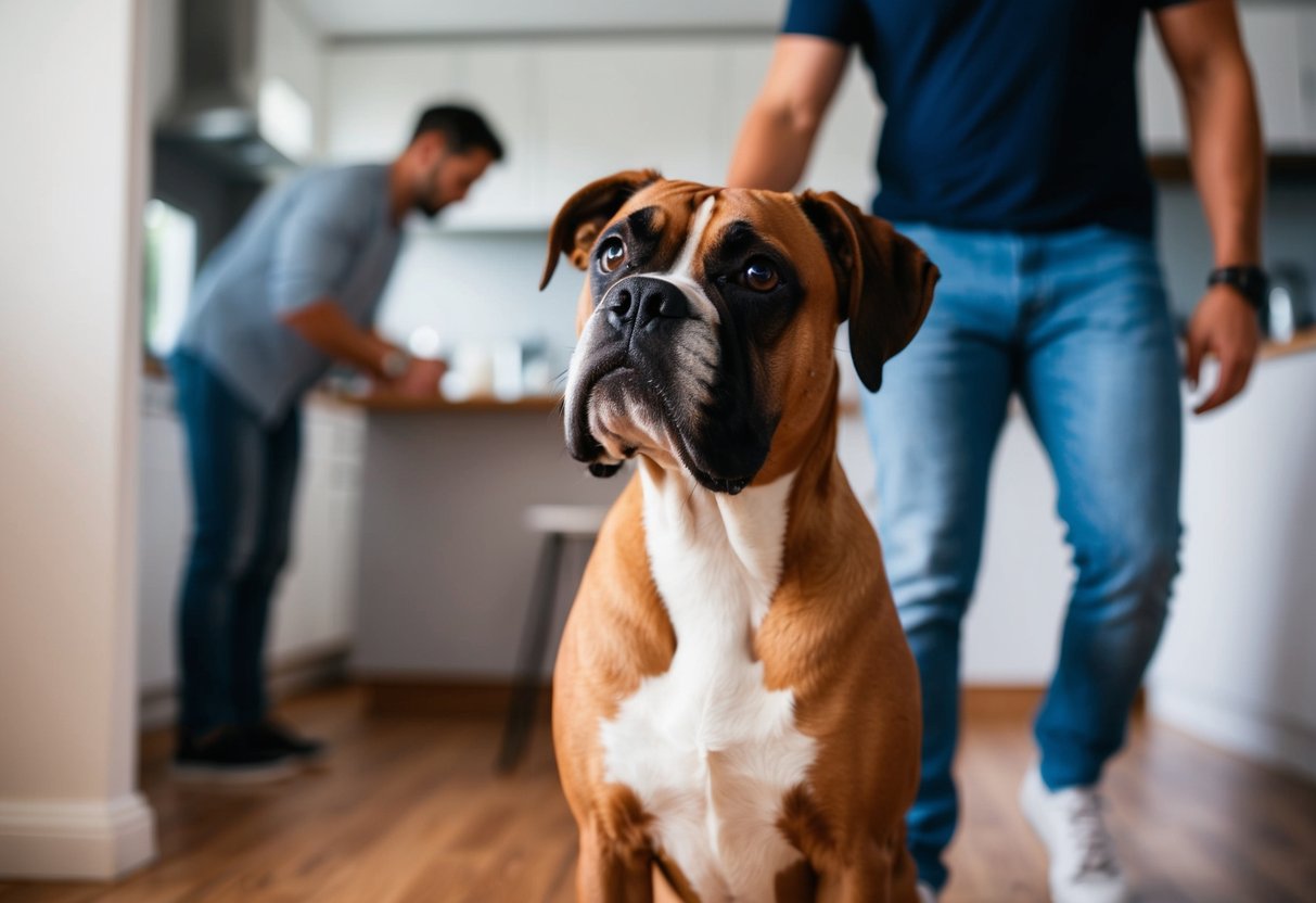 A boxer dog follows its owner around the house, gazing up with adoring eyes as they go about their daily activities
