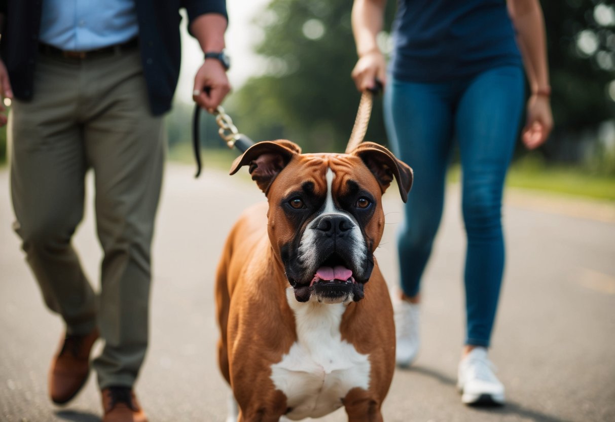 A boxer dog follows its owner closely, mirroring their every move with attentive eyes and a wagging tail