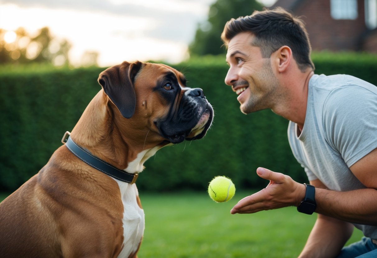 A boxer dog nuzzles close to its owner, looking up with adoring eyes as they engage in a playful game of fetch in the backyard