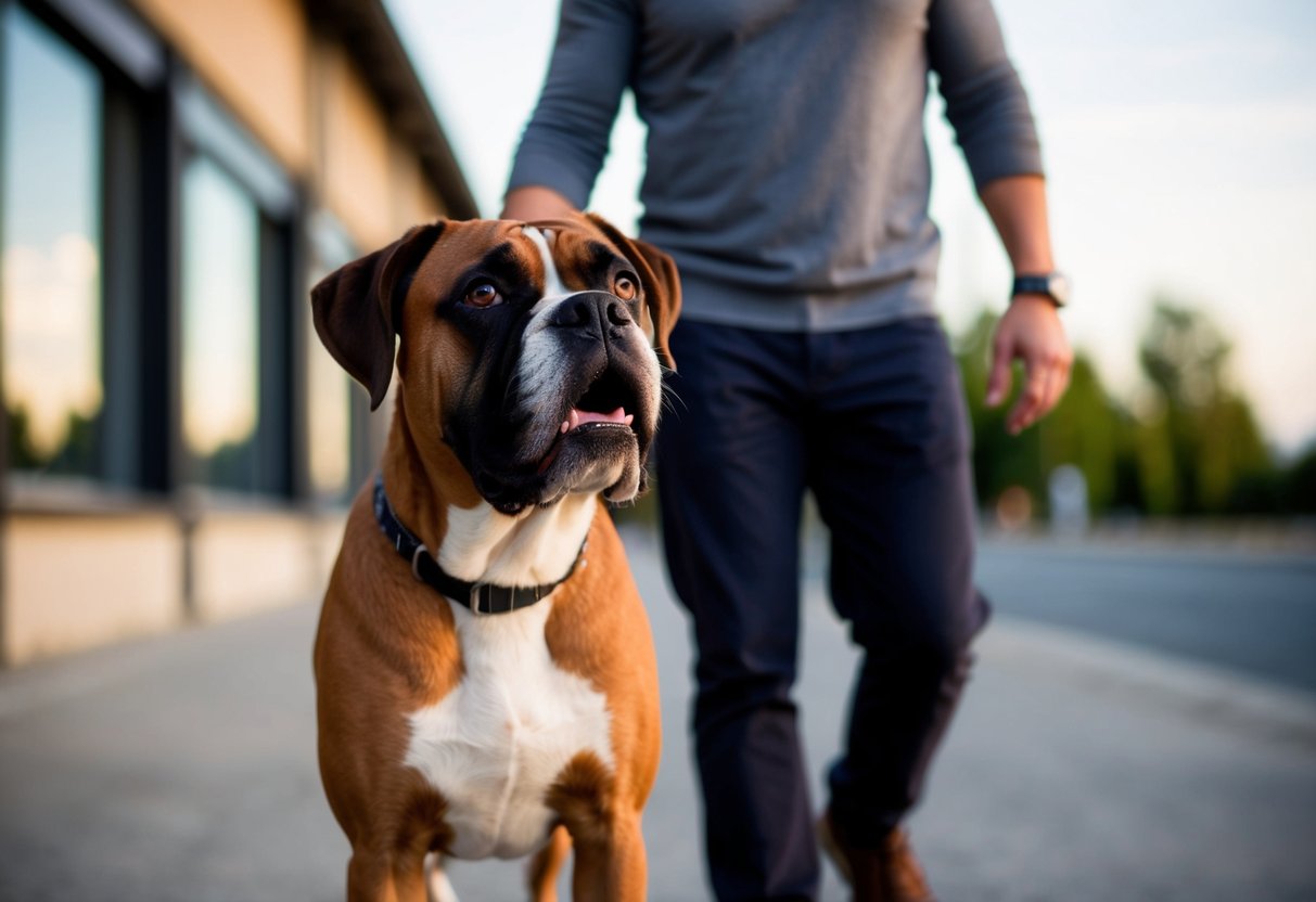 A boxer dog follows its owner closely, wagging its tail and looking up with adoring eyes