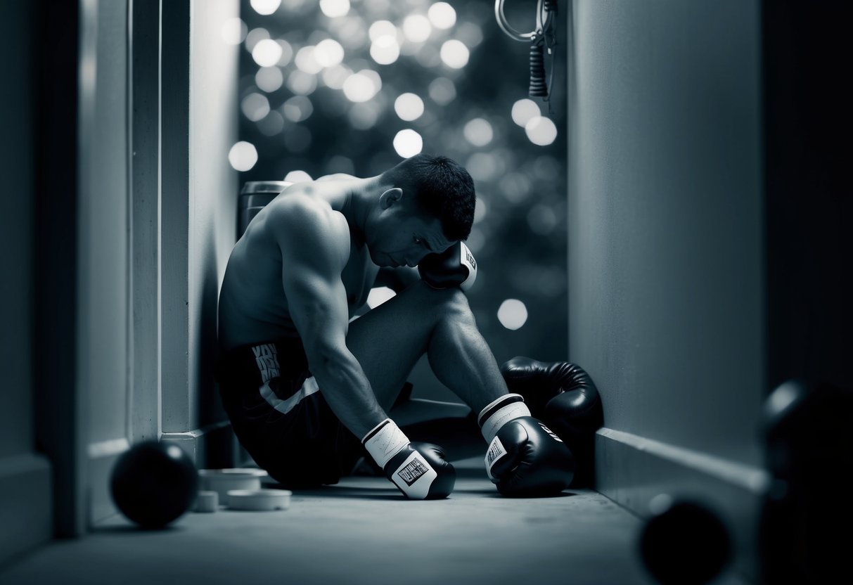 A trembling boxer cowers in a corner, surrounded by everyday objects casting ominous shadows