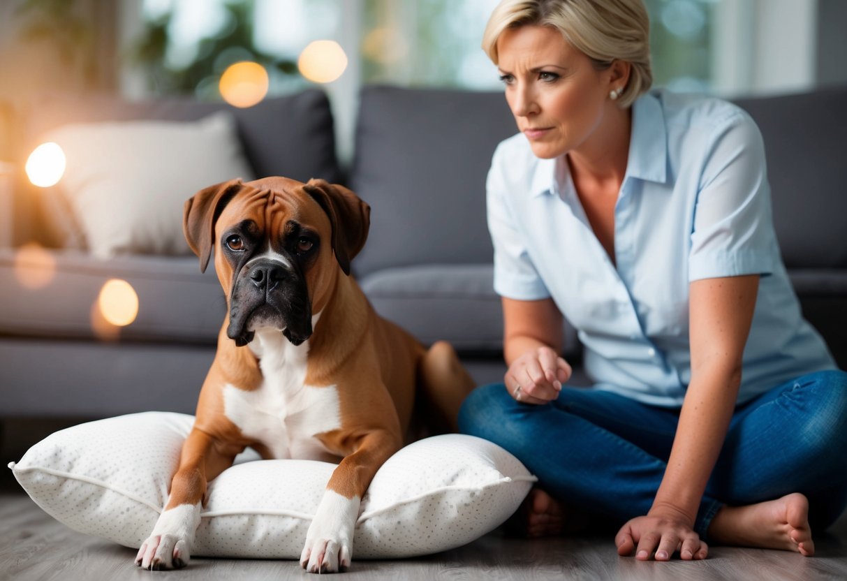 A boxer dog sits obediently next to a chewed-up pillow, with a stern expression from its owner