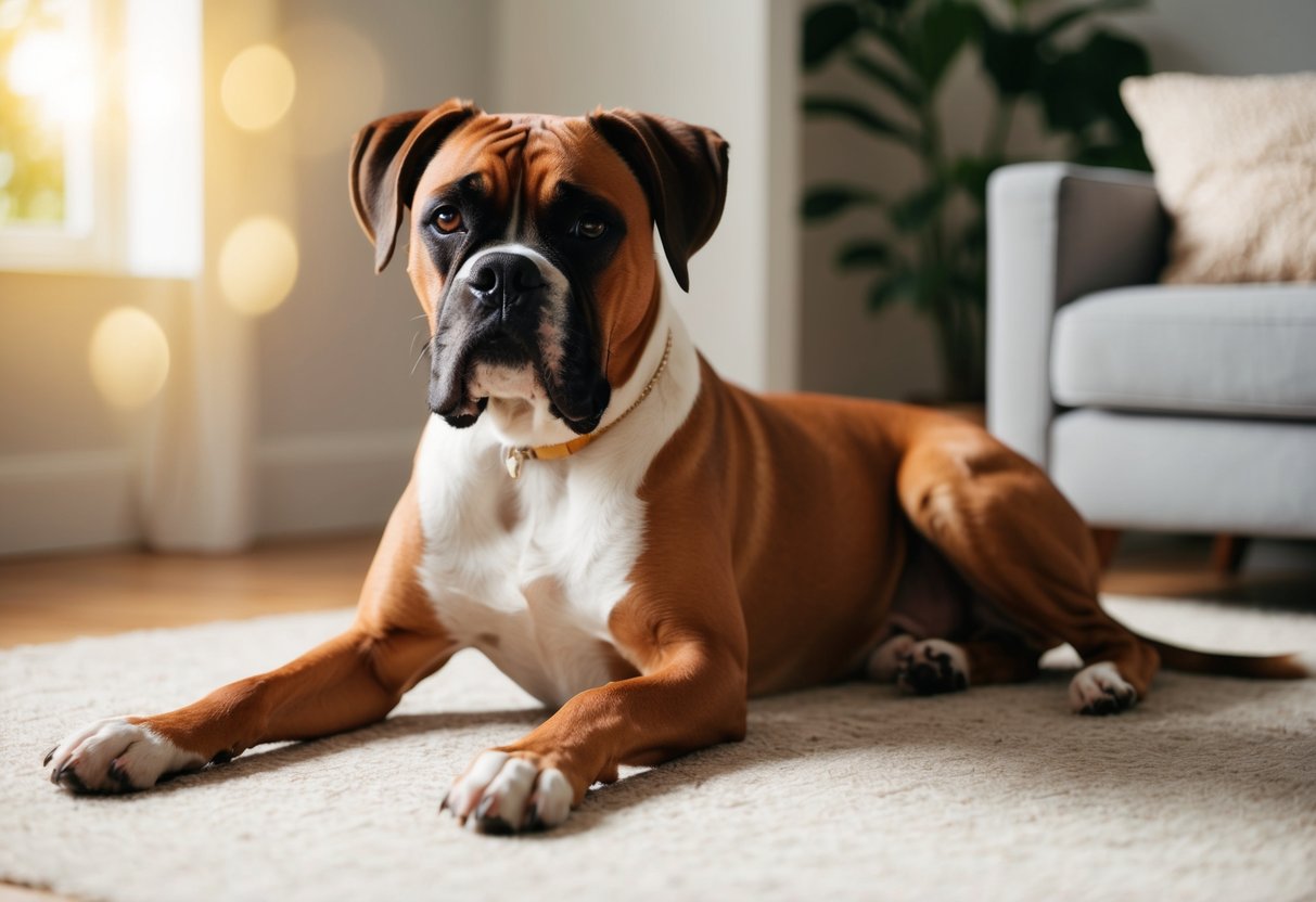 A Boxer lounges contentedly in a sunlit room, ears perked and tail wagging