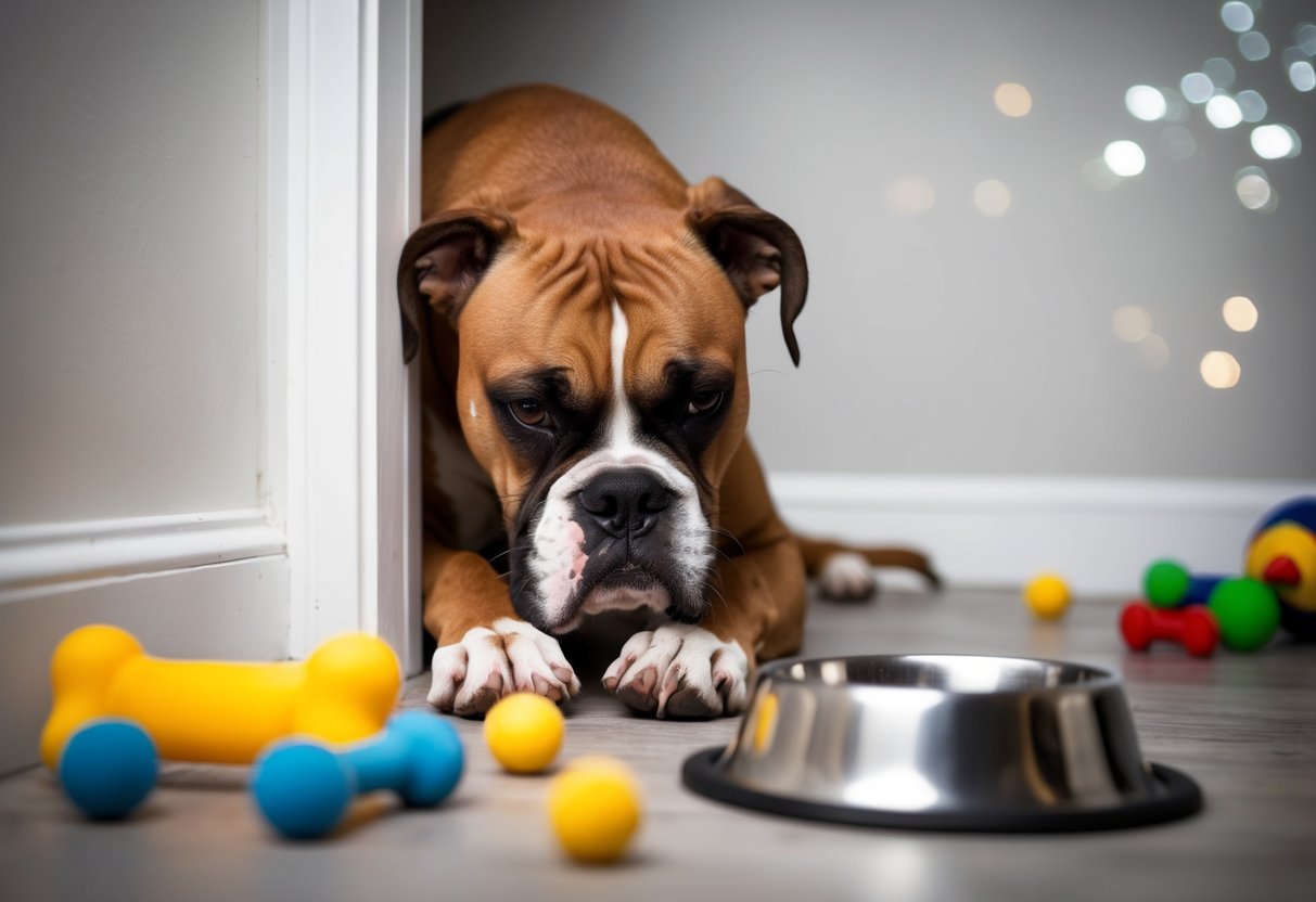 A trembling boxer cowers in a corner, ears flat and tail tucked, surrounded by scattered toys and an empty food bowl