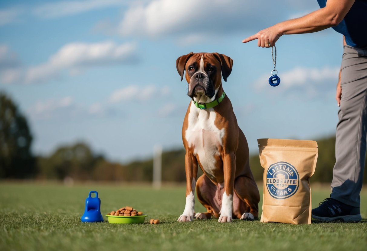 A boxer dog sits obediently next to a training whistle and a bag of treats, while a trainer points to a designated spot on the ground