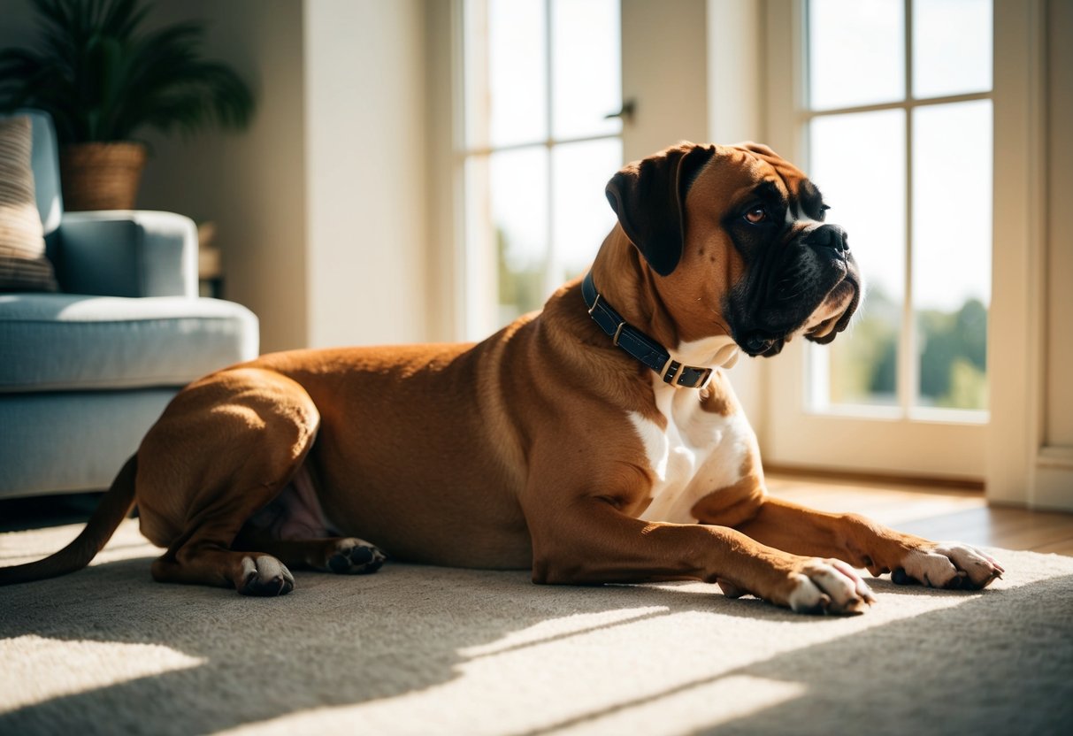 A calm Boxer dog lounges in a sun-drenched living room, gazing out the window with a relaxed expression