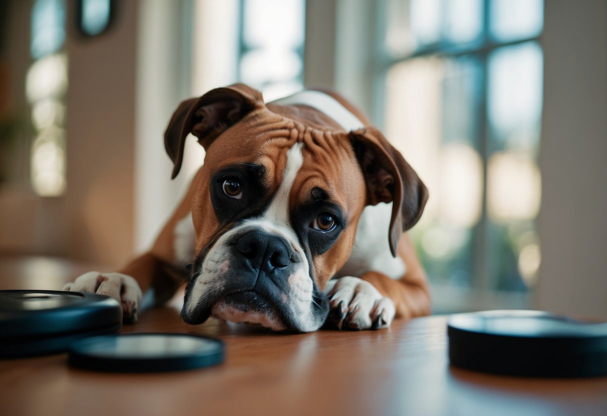 A trembling boxer cowers from everyday objects