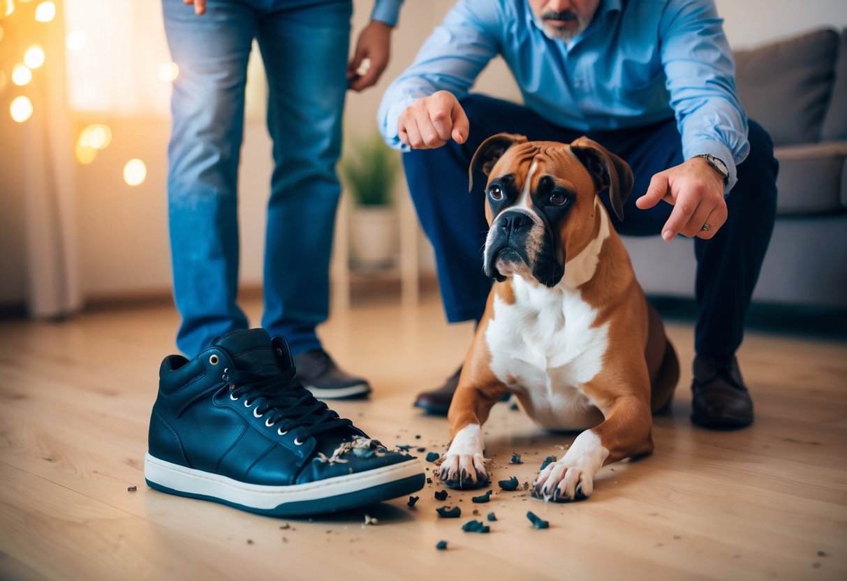 A boxer dog sits obediently next to a chewed-up shoe, while a stern owner points to the mess with a disapproving look