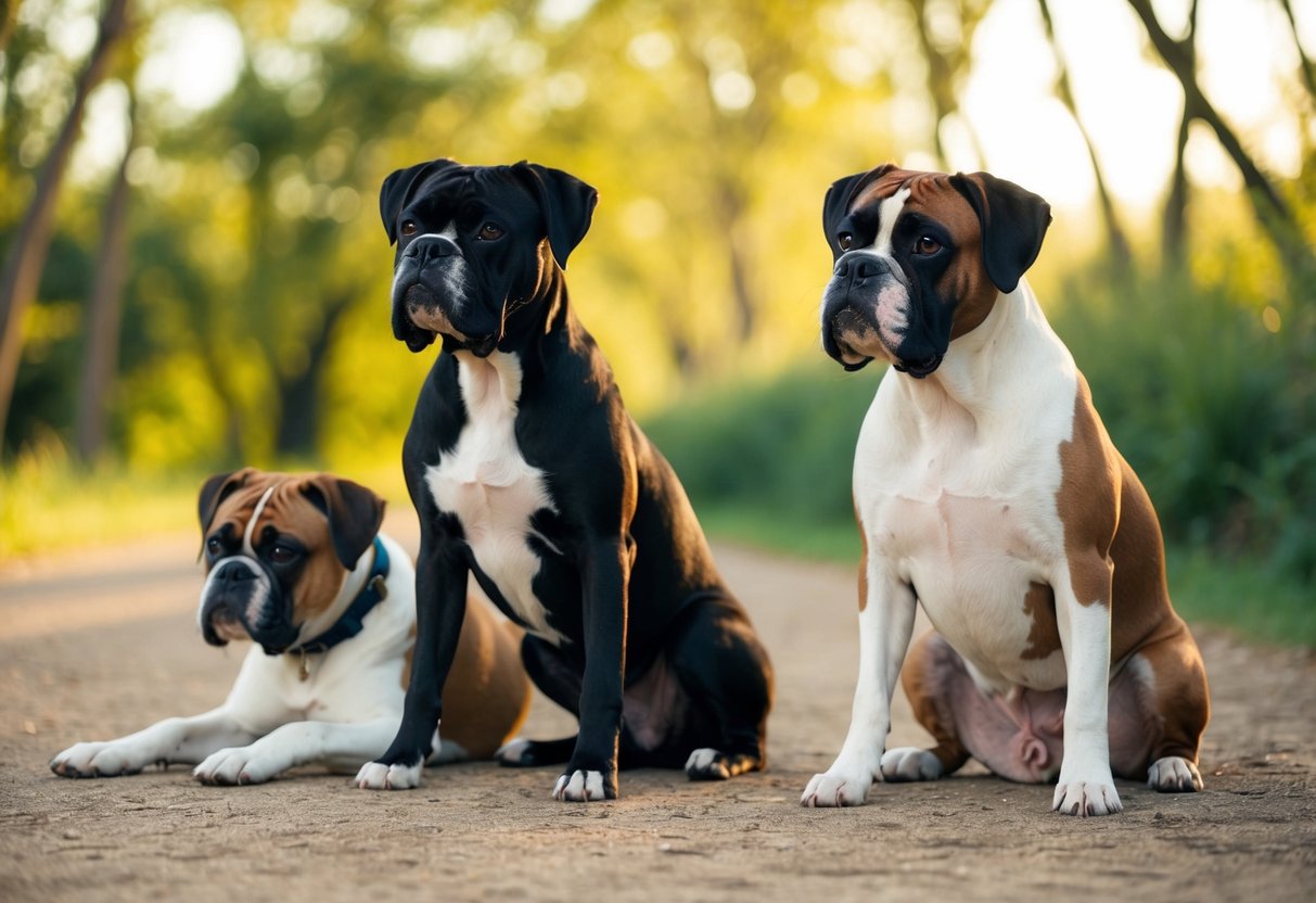 Two boxers in a peaceful environment, with a relaxed dog nearby