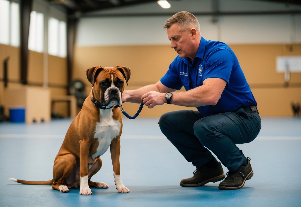 A boxer dog sits obediently as a professional dog trainer demonstrates discipline techniques in a spacious, well-lit training facility
