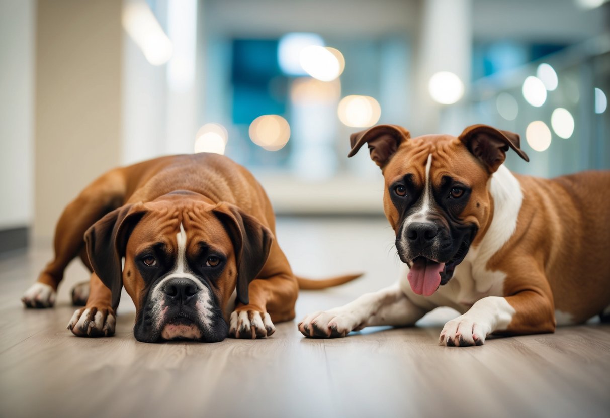 A boxer dog lies peacefully next to a hyperactive dog, creating a calming presence in a chaotic environment