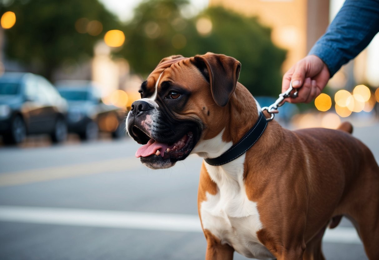 A boxer dog tugs on a leash, straining against its owner's grip