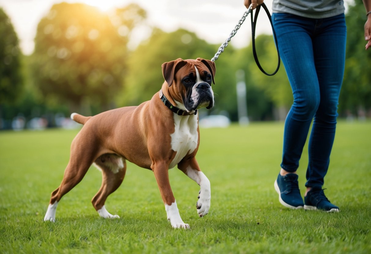 A boxer dog pulls on a leash while being trained in a park