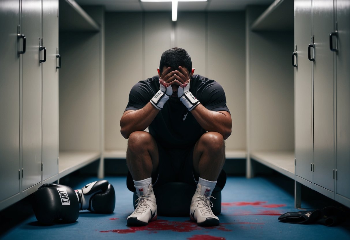 A boxer sitting alone in a dimly lit locker room, head in hands. Sweat and blood on the floor, gloves tossed aside