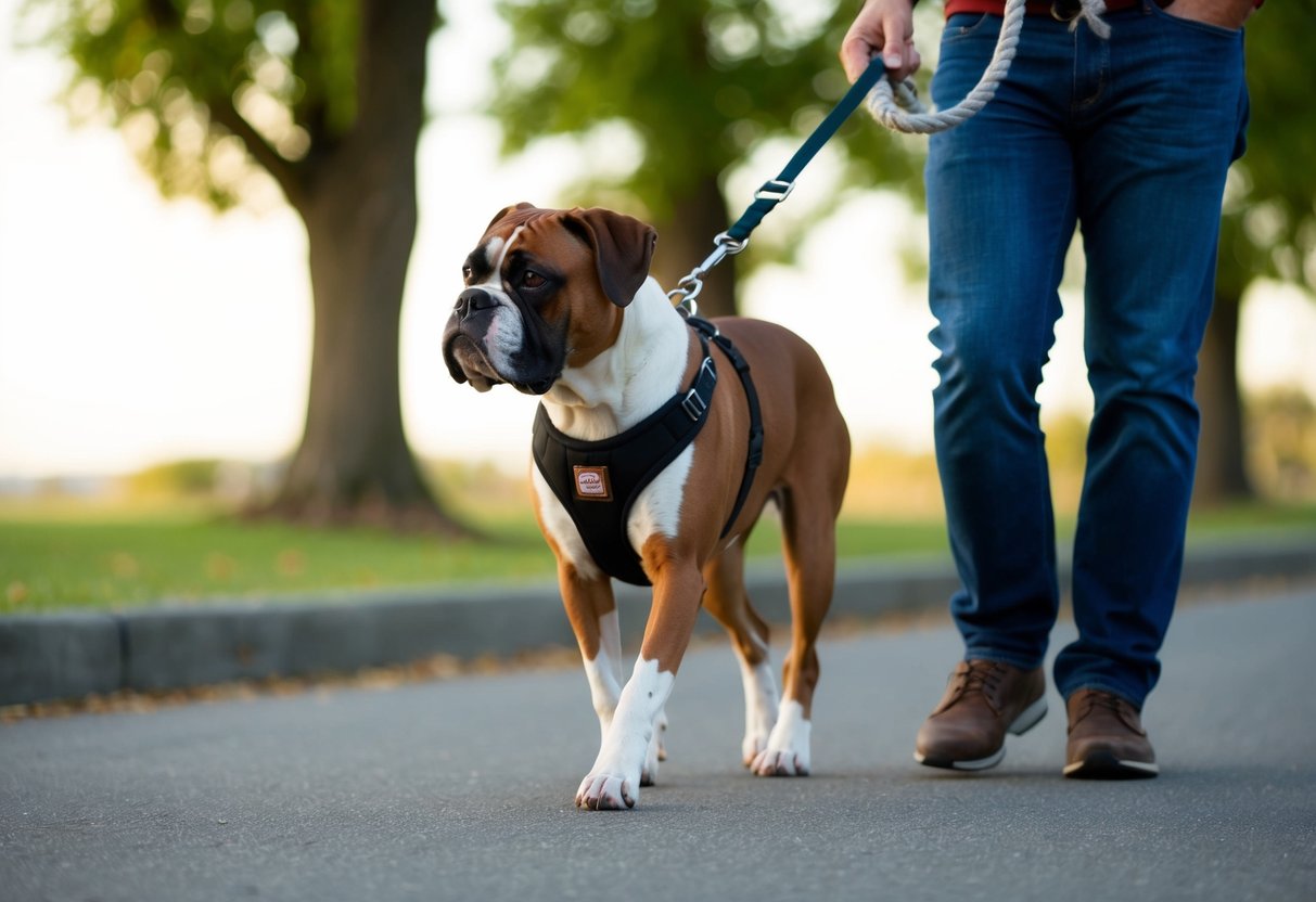 A boxer dog walks calmly beside its owner, wearing a no-pull harness. The owner holds the leash with a relaxed grip