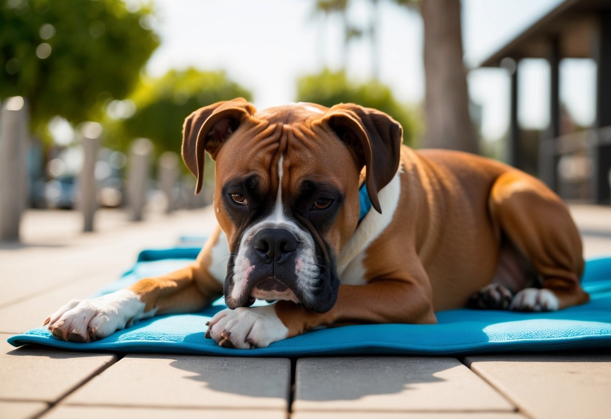A boxer dog pants heavily while resting in the shade on a hot summer day