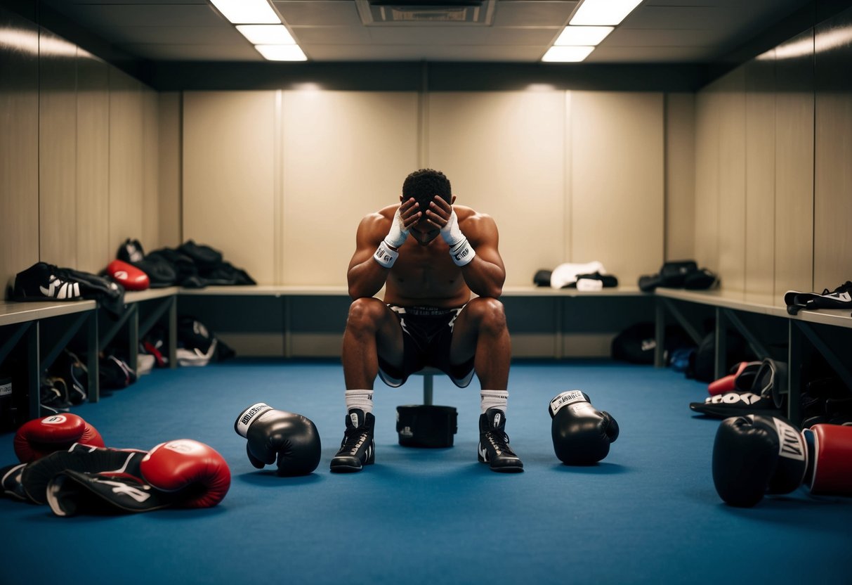 A boxer sitting alone in a dimly lit locker room, head in hands, surrounded by discarded gloves and equipment