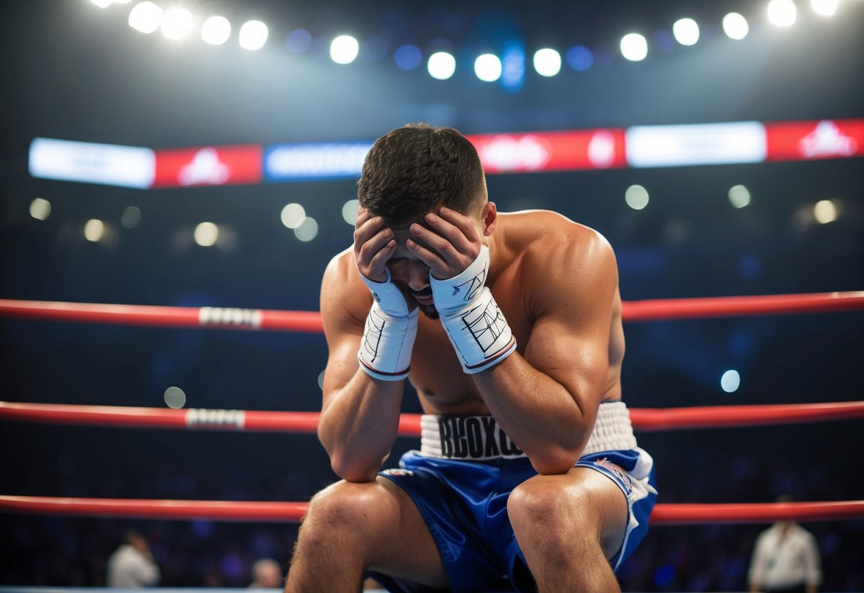 A boxer sits on the edge of the ring, head in hands, shoulders hunched. Tears streak down his face as he struggles to control his emotions