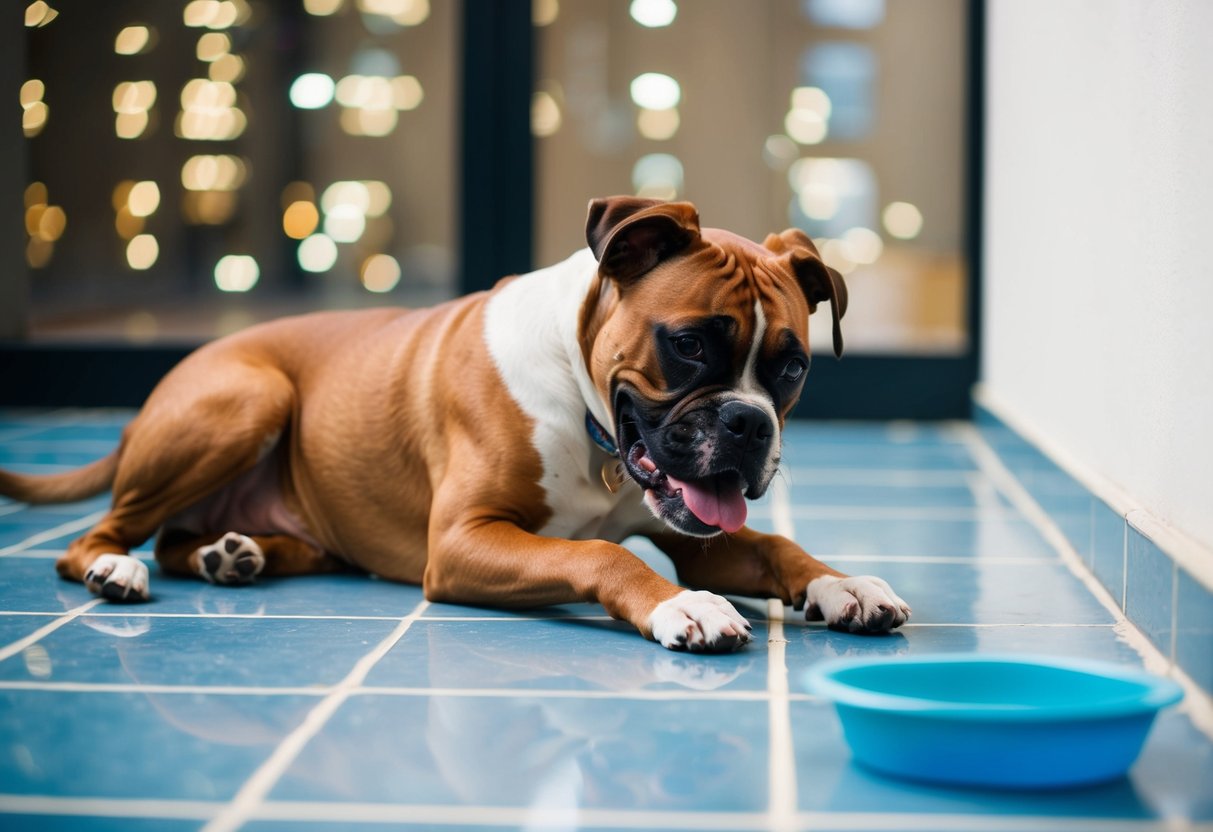A boxer dog panting heavily while lying on a cool tile floor, with a water bowl nearby