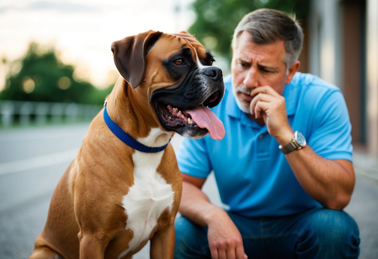 A boxer dog sits with its tongue out, panting heavily, while its owner looks concerned and checks the dog's breathing rate