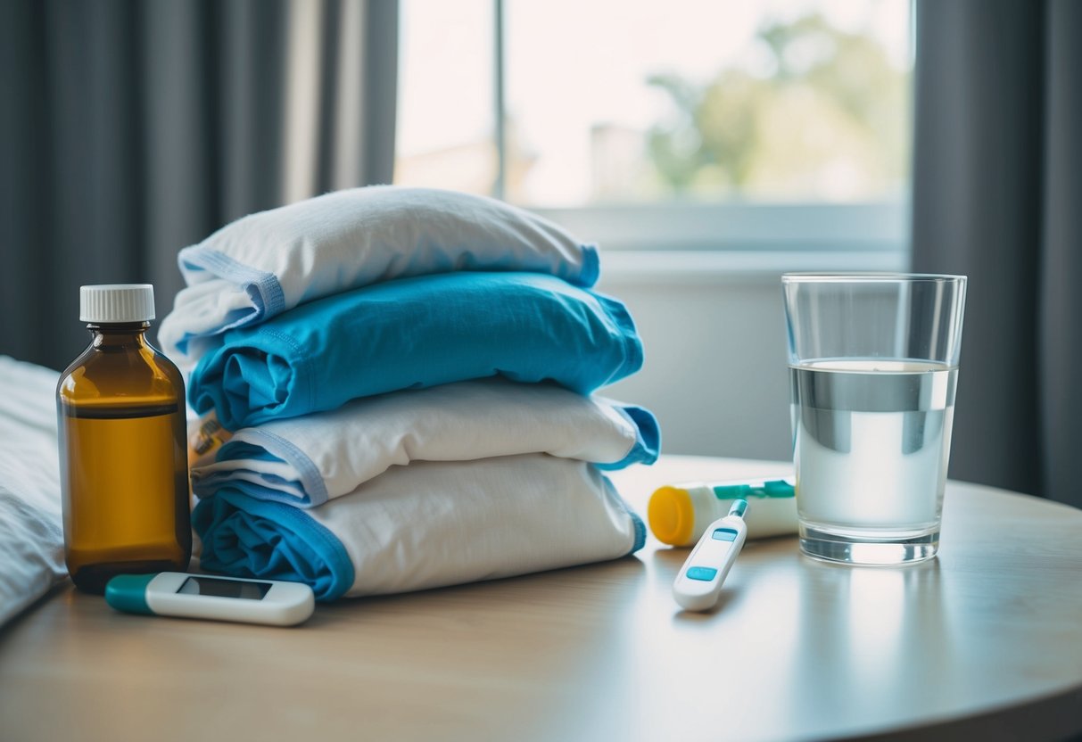 A pile of discarded boxers lies next to a bottle of medication, a thermometer, and a glass of water on a bedside table