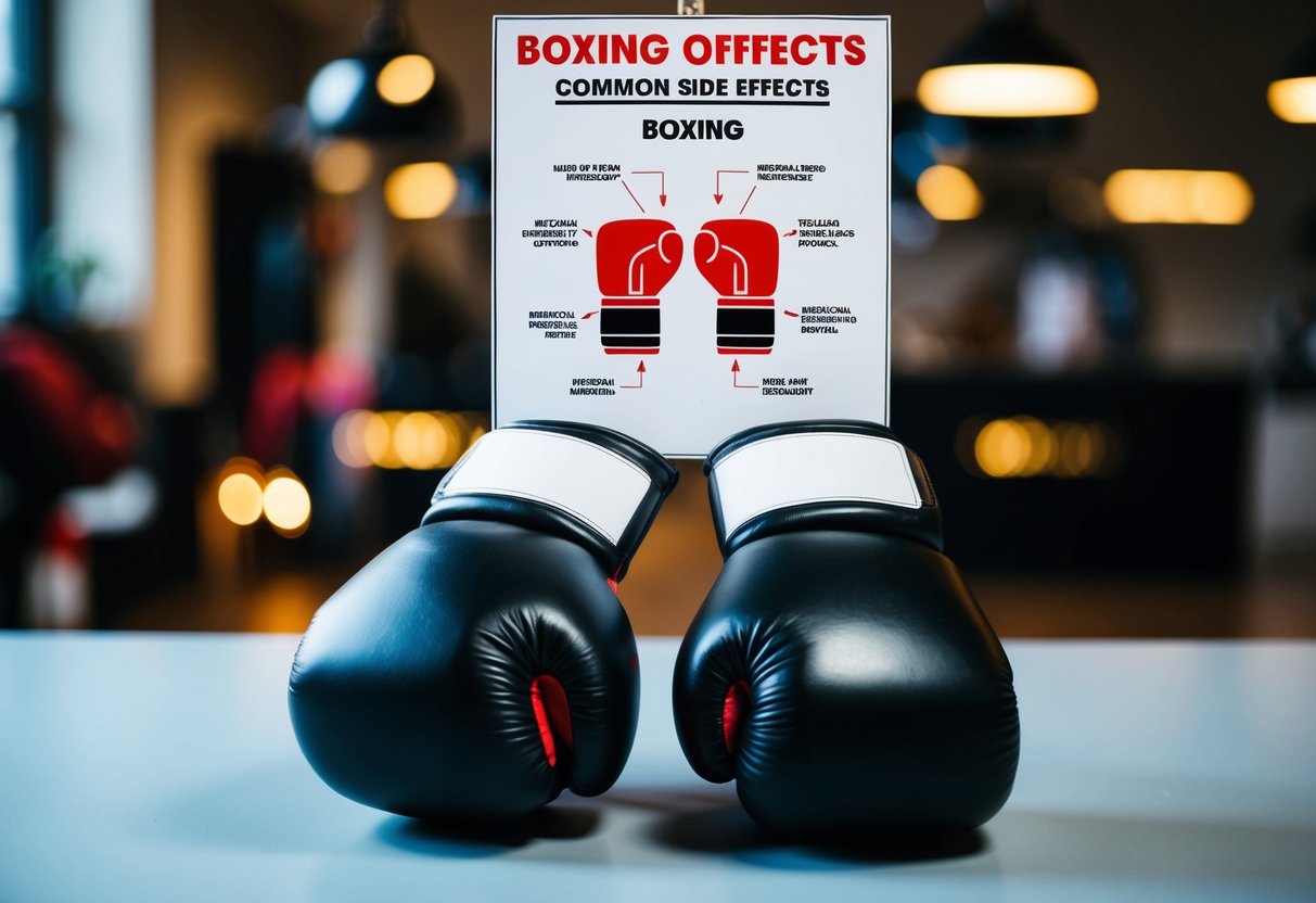 A pair of boxing gloves and a medical chart showing common side effects of boxing, such as brain injury and joint damage