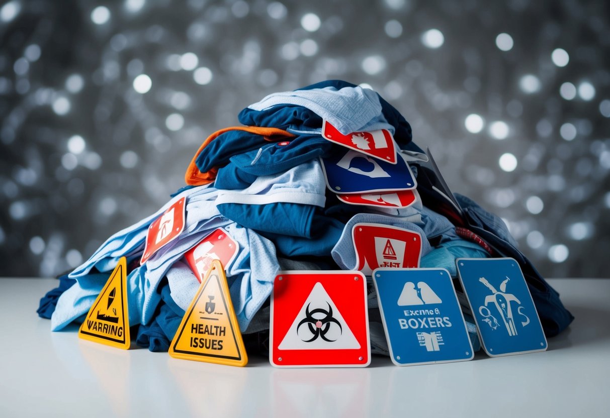 A pile of discarded boxer shorts surrounded by warning signs and symbols of various health issues