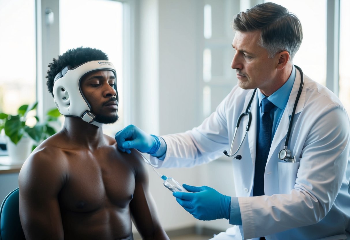 A boxer sitting in a doctor's office, receiving treatment for head injuries, while a medical professional discusses potential side effects with them