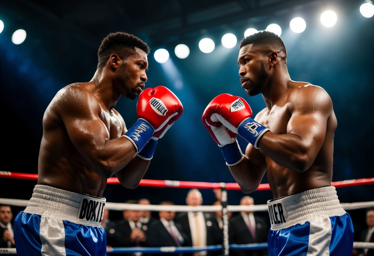 Two boxers facing off in a dimly lit ring, surrounded by a raucous crowd. Sweat glistens on their muscular bodies as they prepare to fight