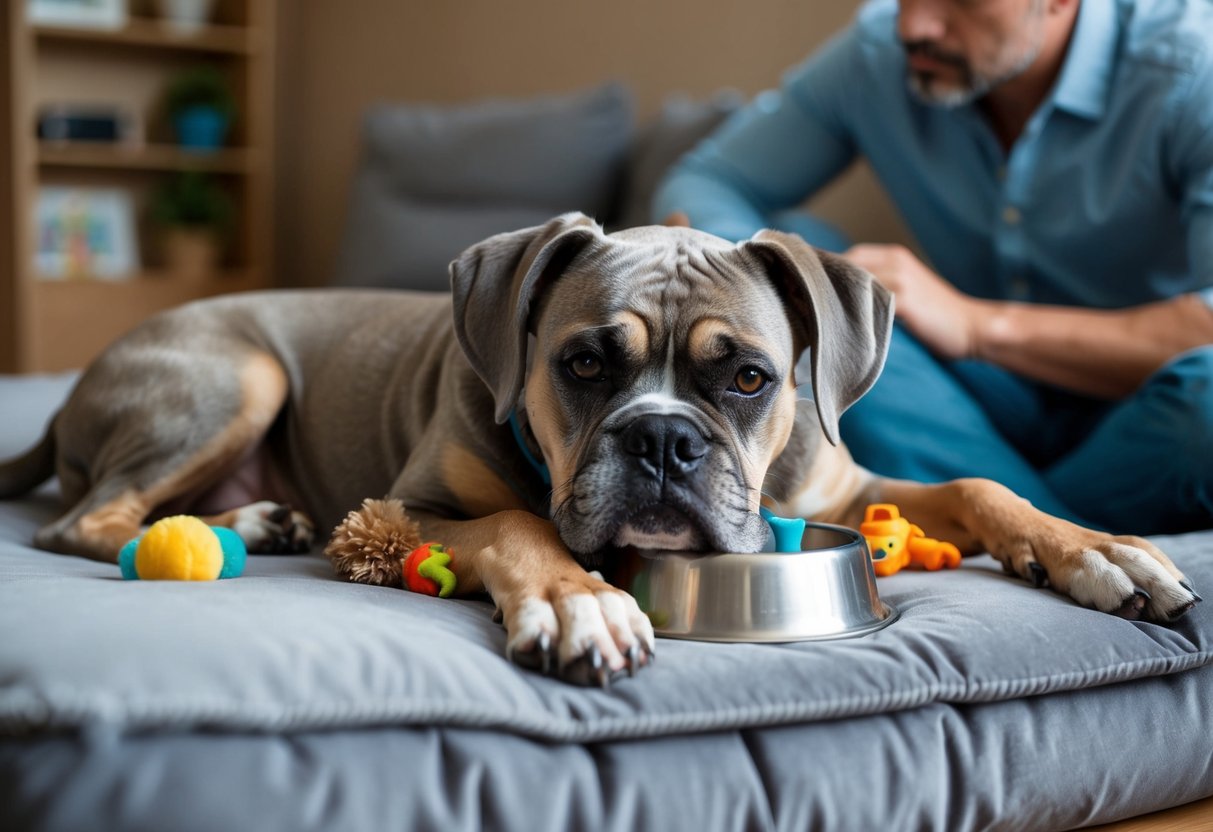 A gray-muzzled boxer dog resting on a plush bed, surrounded by toys and a water bowl, with a concerned owner looking on