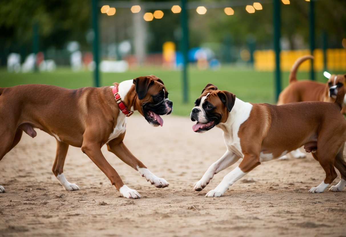 Two boxers playing and interacting with other dogs at a dog park