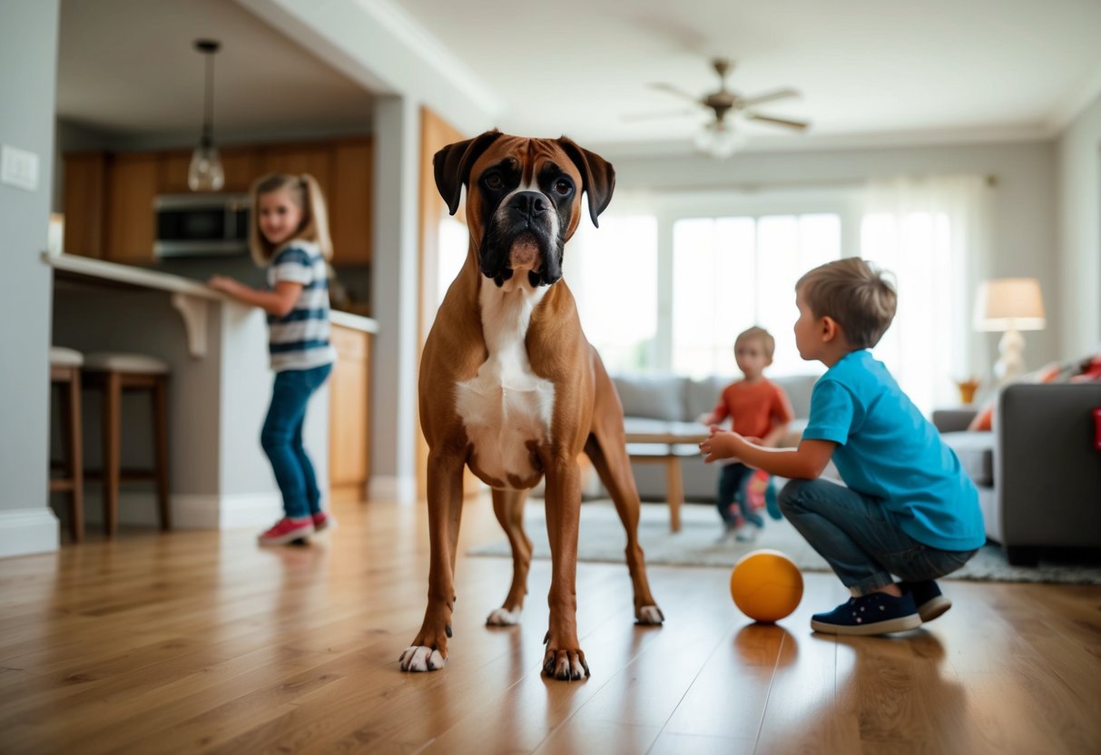 A boxer dog stands proudly in a family home, playing with children and keeping a watchful eye on the surroundings