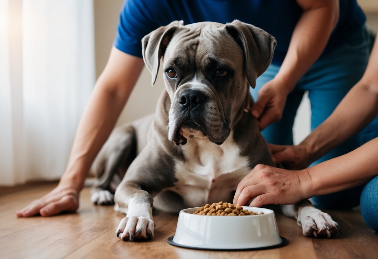 A boxer dog with greying fur and a slight limp, being lovingly tended to by its owner with a bowl of nutritious food nearby