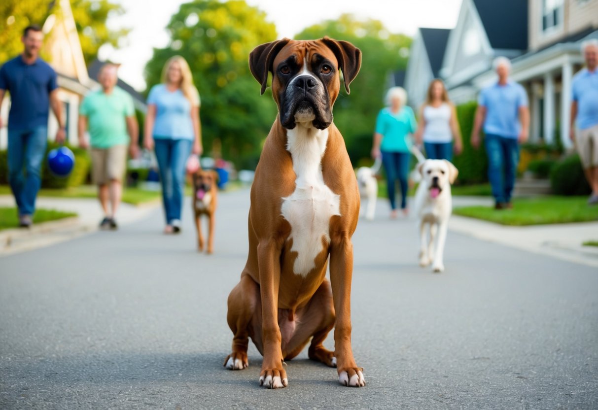 A boxer dog confidently sits in a friendly neighborhood, surrounded by smiling faces and wagging tails