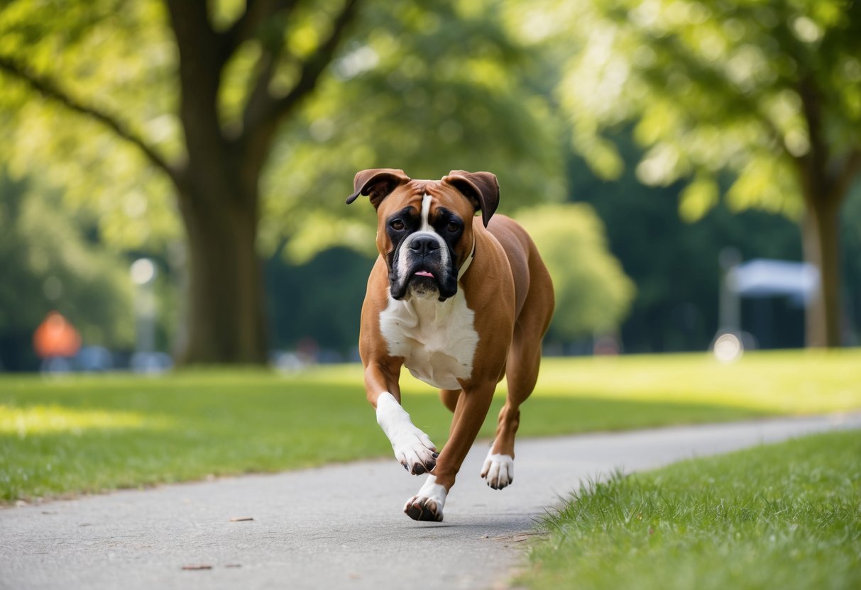 A boxer dog running through a park, with a visible greying of fur and slower movements compared to a younger dog