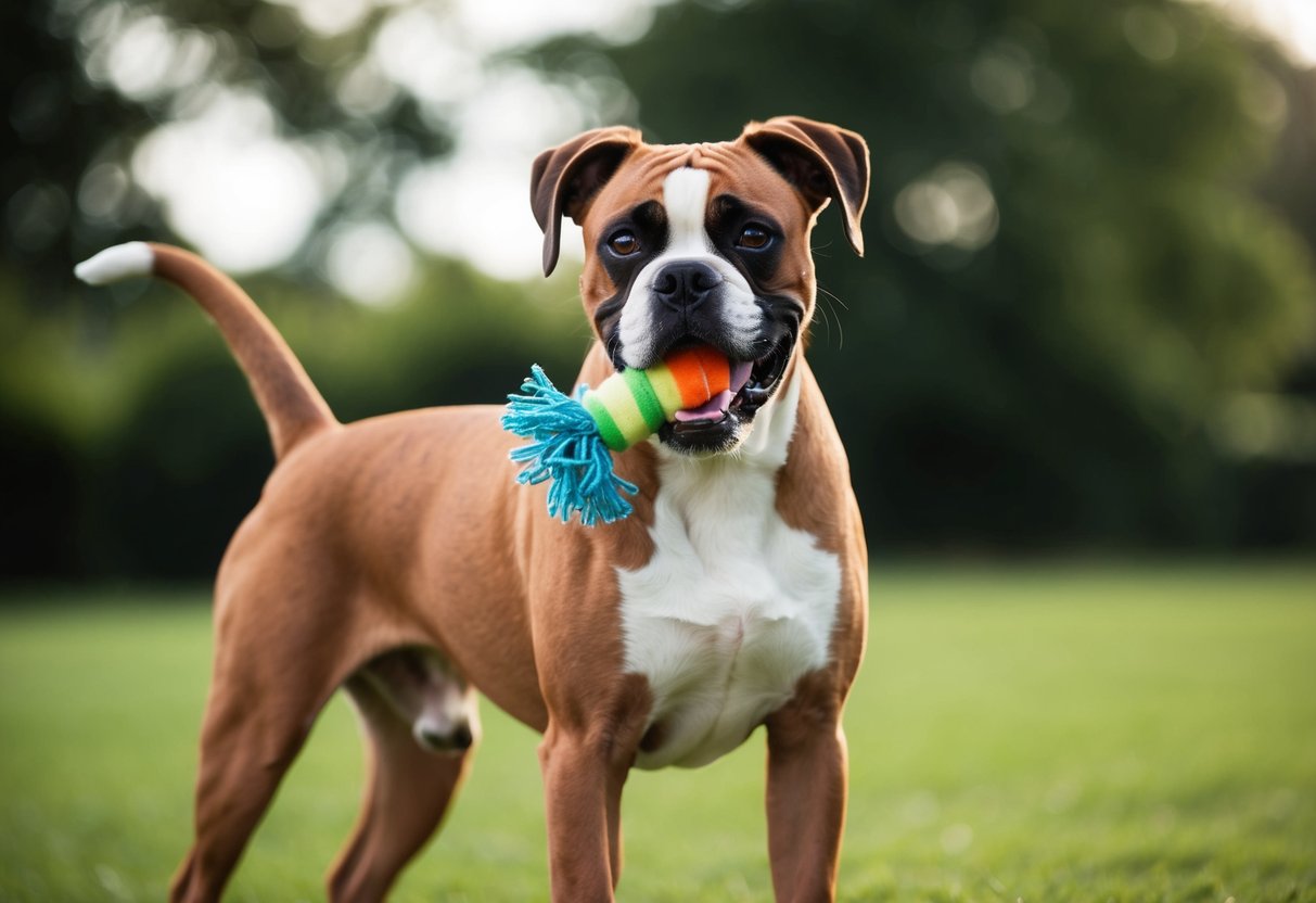 A boxer dog stands with a toy in its mouth, wagging its tail