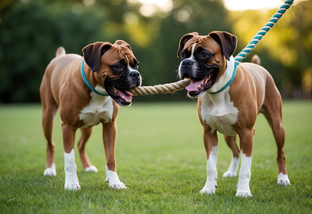 Two boxer dogs playing tug-of-war with a rope toy, showing teeth and growling