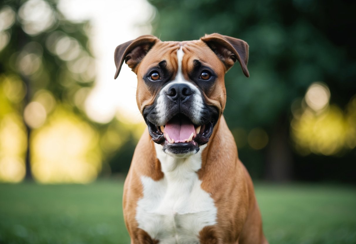 A boxer dog with a strong jaw and sharp teeth, standing alert with a determined look in its eyes