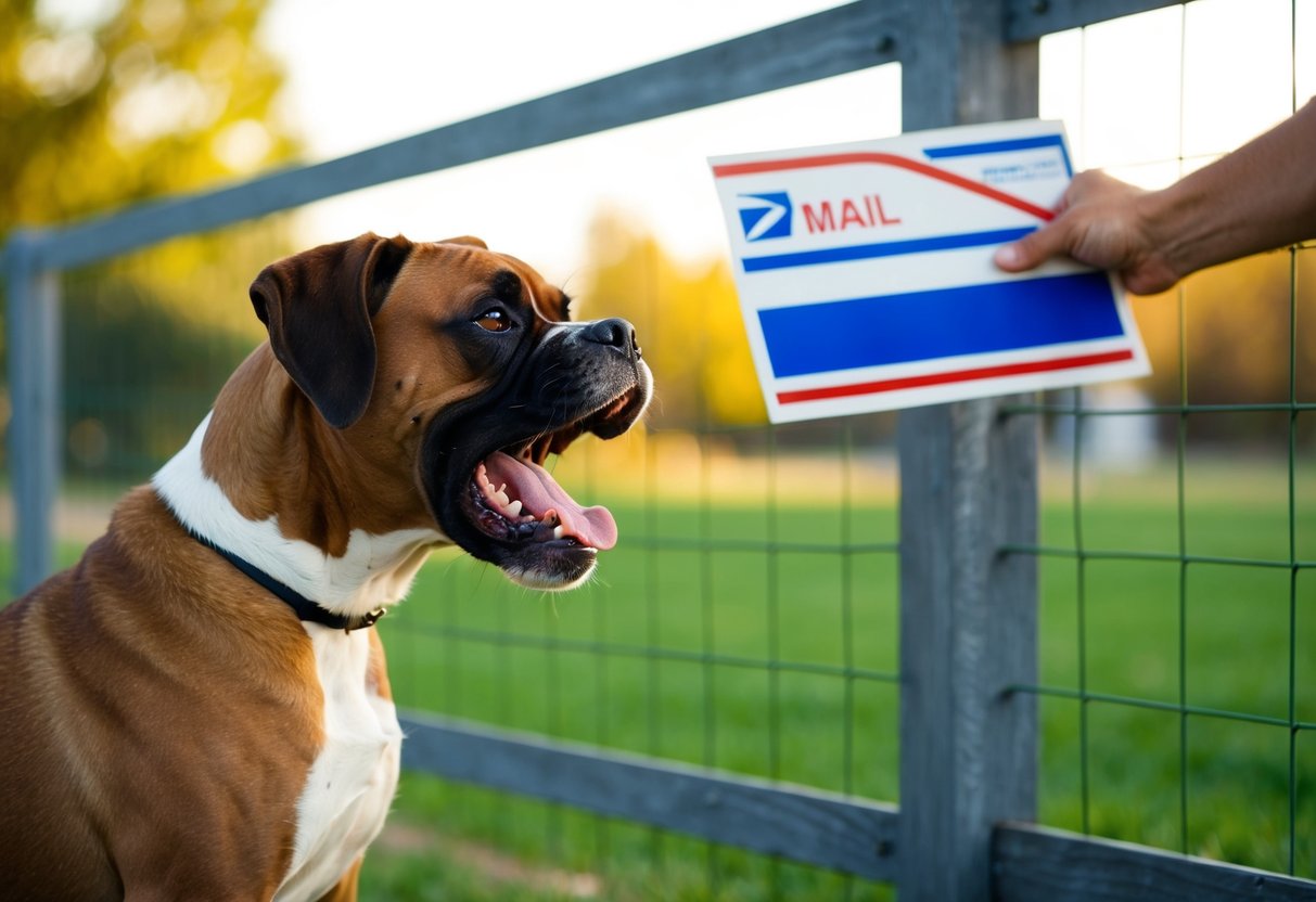 A boxer dog barking aggressively at a mail carrier through a fence