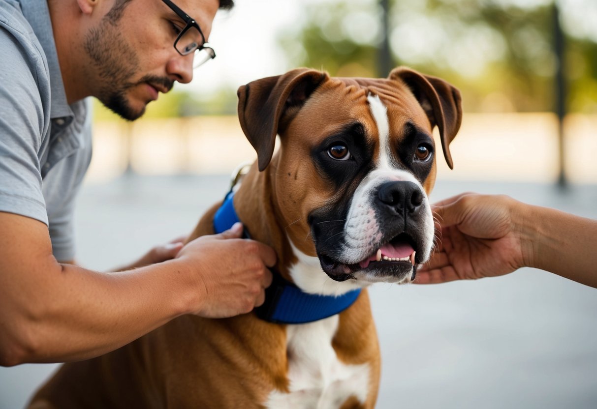 A boxer dog is being trained with positive reinforcement to prevent and manage biting