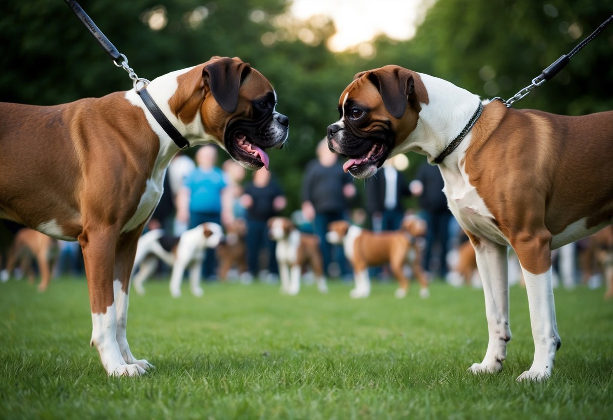 Two boxers engage in a tense standoff, their bodies tense and postures aggressive. A crowded dog park adds to the tension