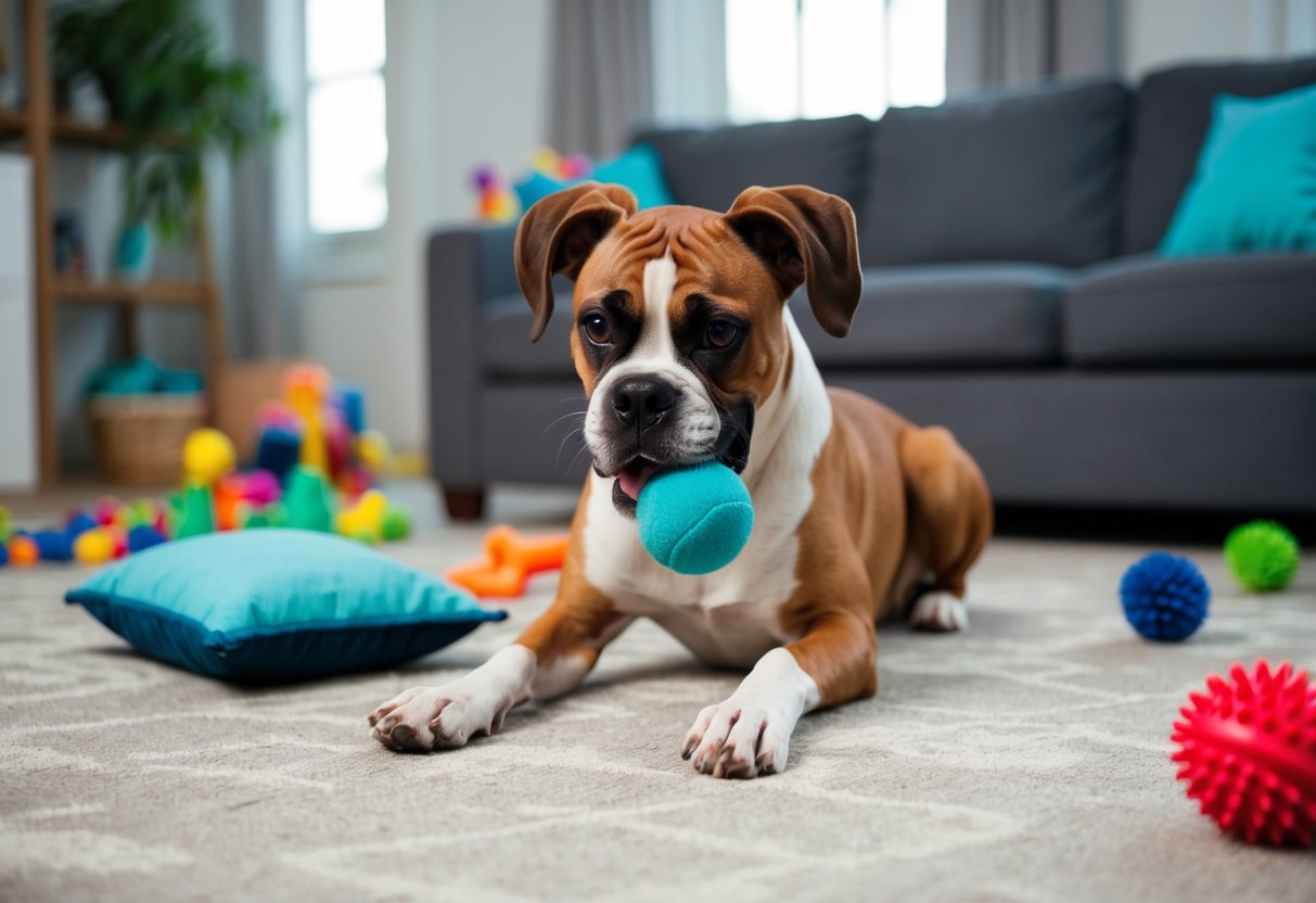 A boxer dog playing with a squeaky toy, causing a loud noise in a living room with scattered toys and a chewed-up pillow