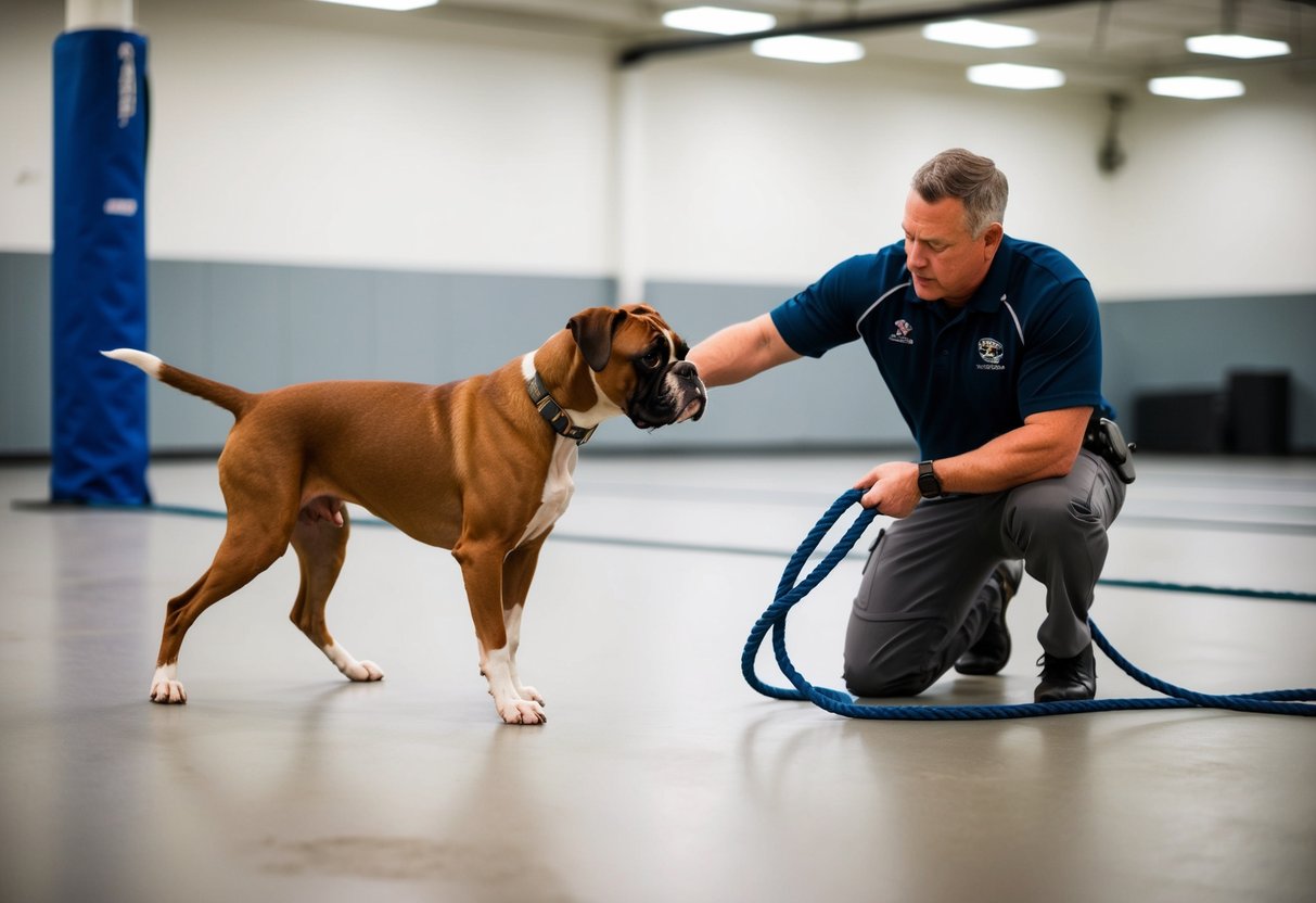 A boxer dog calmly follows its trainer's commands in a spacious, well-lit training facility. The trainer demonstrates effective management strategies, maintaining a calm and assertive demeanor