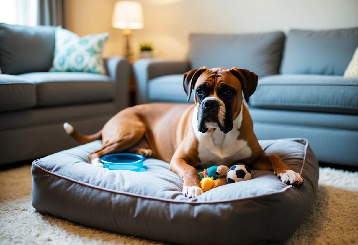 A boxer dog lounges comfortably on a plush bed, surrounded by toys and a water bowl. The room is quiet and peaceful, with soft lighting and cozy furnishings
