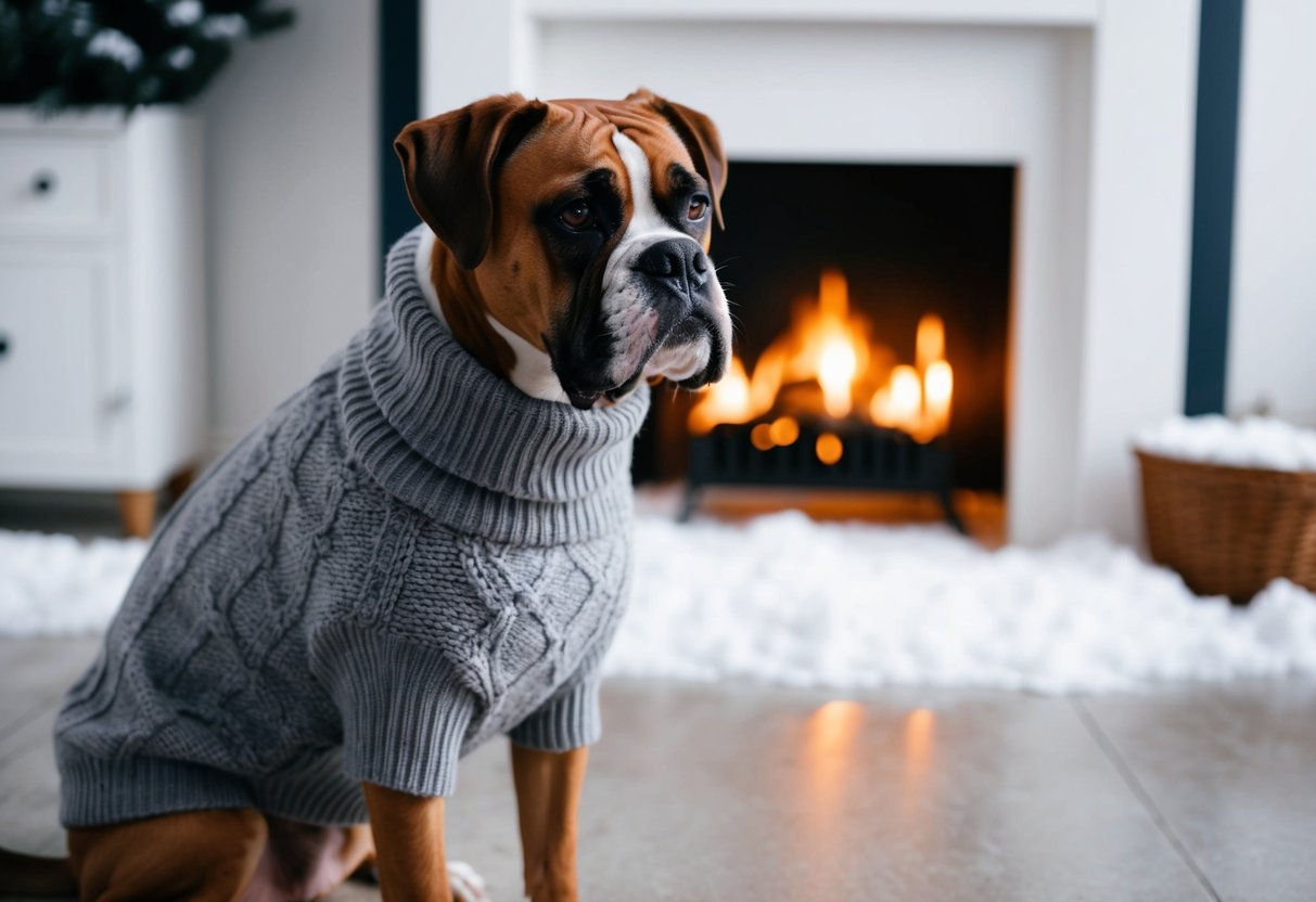A boxer dog wearing a cozy sweater and sitting by a crackling fireplace on a snowy winter day