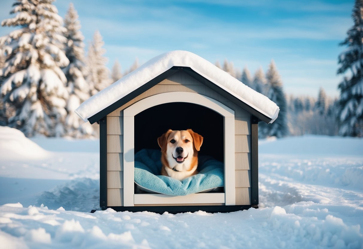 A cozy, insulated dog house with a soft, warm blanket inside, surrounded by snow-covered trees and a clear, blue sky